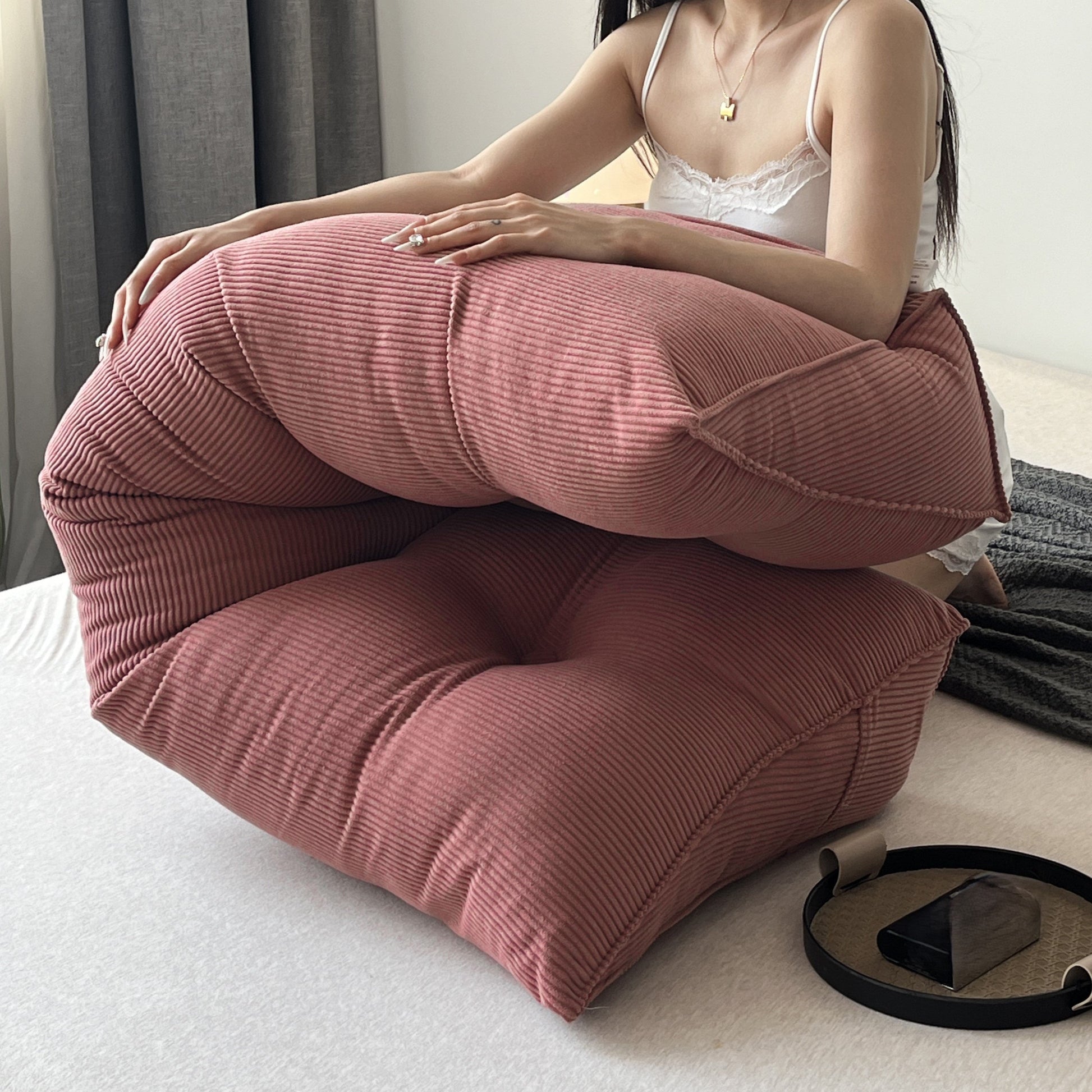 Wedge Floor Cushion with Striped Side Storage-1